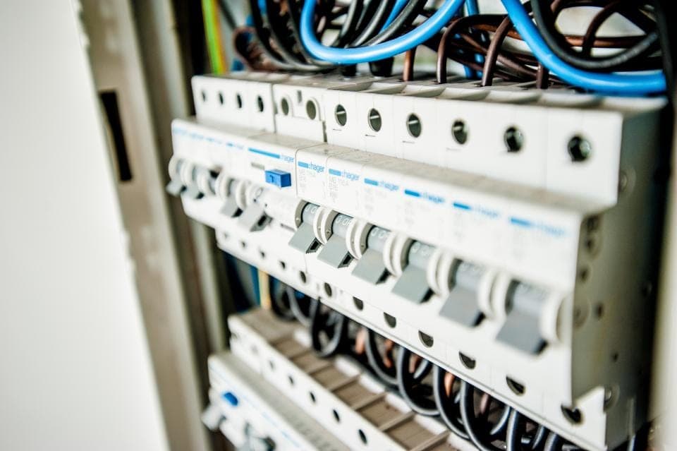 Row of circuit breakers in an electrical panel